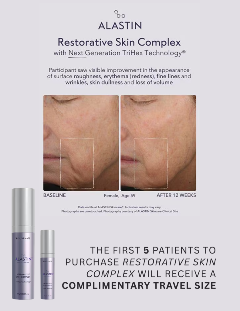 Alastin Restorative Skin Complex offer: the first 5 patients to purchase receive a complimentary travel size