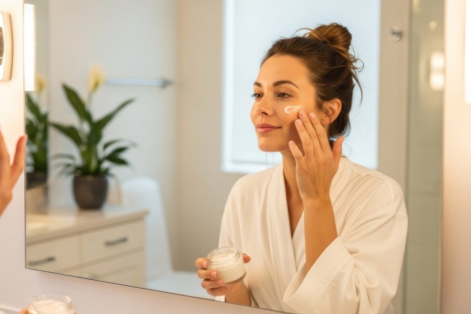 Woman in a white robe smoothing moisturizer onto her cheek and holding a jar of cream, seen in a bathroom mirror