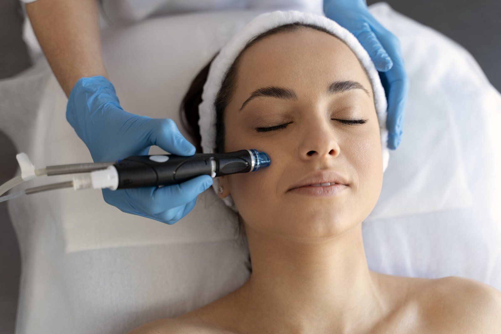 Woman with closed eyes and a white headband lying on a treatment bed while a blue-gloved hand holds a facial wand with a blue tip to her cheek