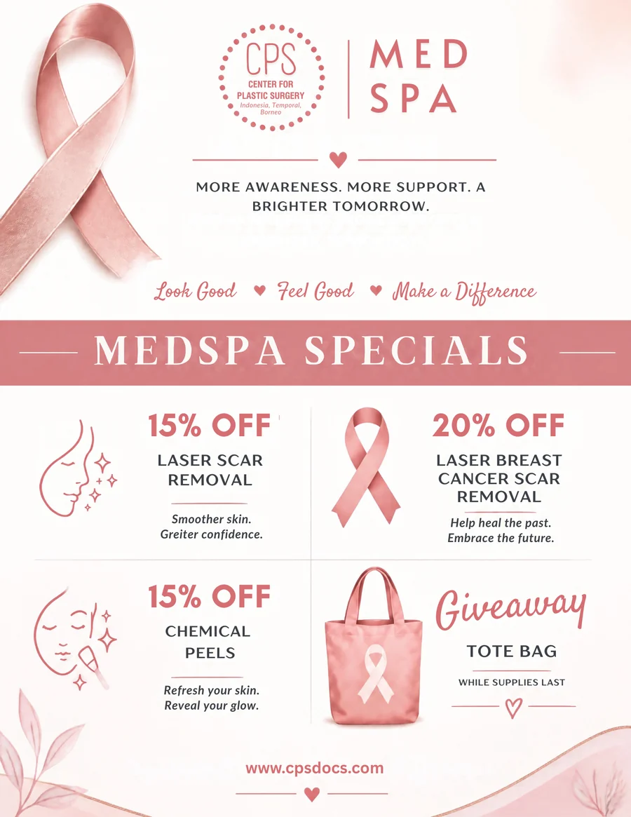 CPS Med Spa October specials for Breast Cancer Awareness: 15% off laser scar removal, 20% off laser breast cancer scar removal, 15% off chemical peels, and a tote bag giveaway while supplies last