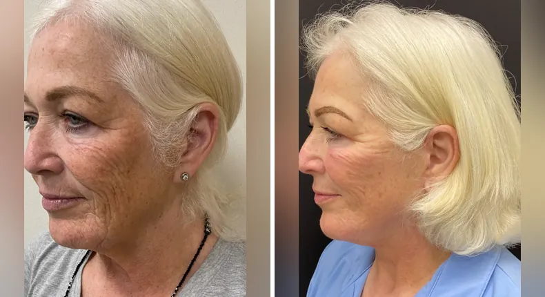 Before and after facelift: patient's face at a left angle, with neck lift