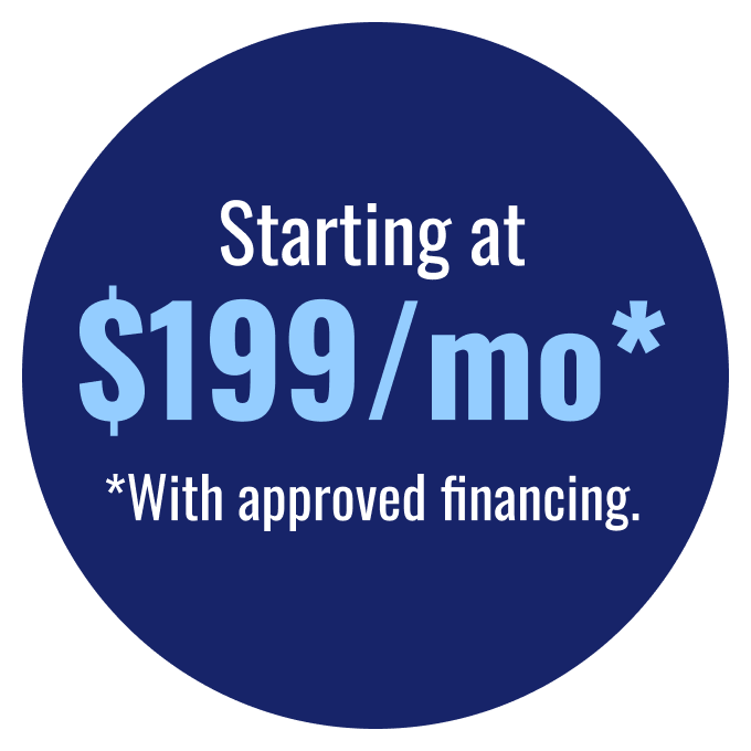 Dark blue circle with text: Starting at $199/mo* *With approved financing.