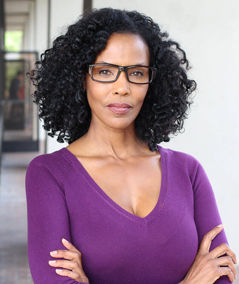 Woman in a purple blouse